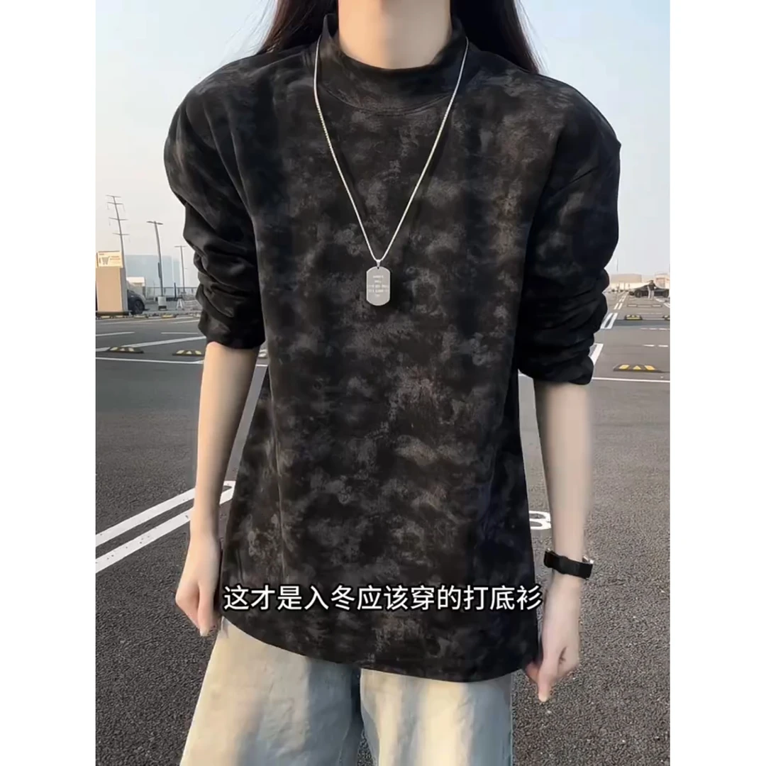 现货-扎染德绒重磅半高领加绒打底衫男款秋冬长袖T恤保暖内搭卫衣