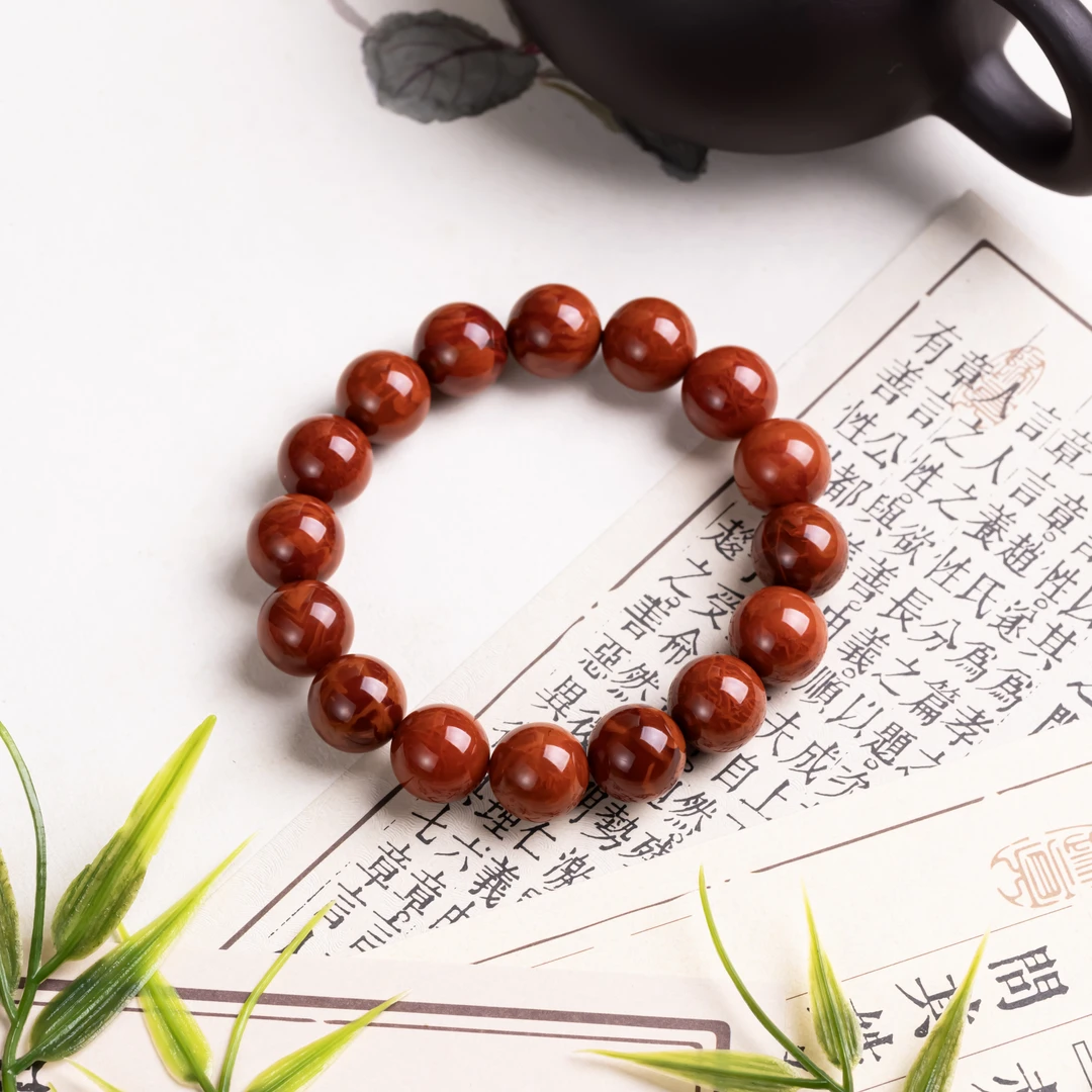 【南红系列】天然原矿南红火焰纹圆珠手串