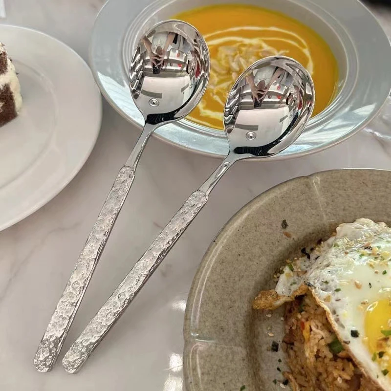 【2只装】网红轻奢圆头冰裂纹吃饭勺子汤匙调羹韩式大圆勺长柄精致