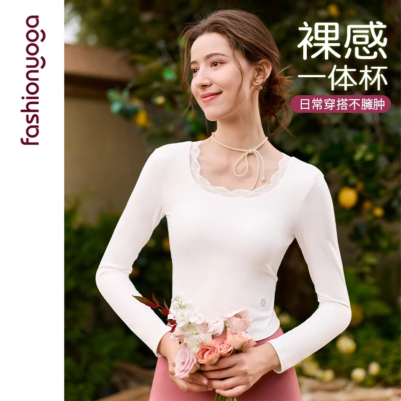 凡圣瑜伽女士修身显瘦后背交叉蕾丝裸感美背一体杯长袖FC15353