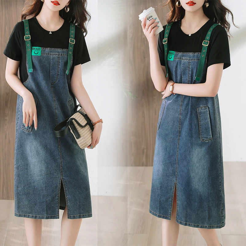 牛仔连衣裙女夏高级感气质显瘦大码胖mm2025新款拼接假两件背带裙