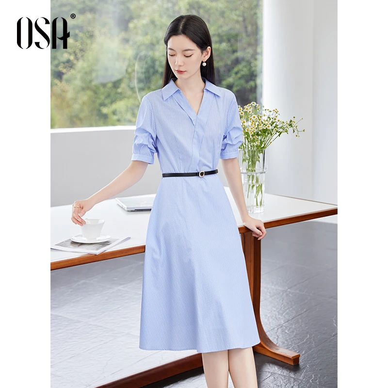 OSA/欧莎简约条纹V领连衣裙女夏季百搭通勤显瘦衬衫裙S125B13011