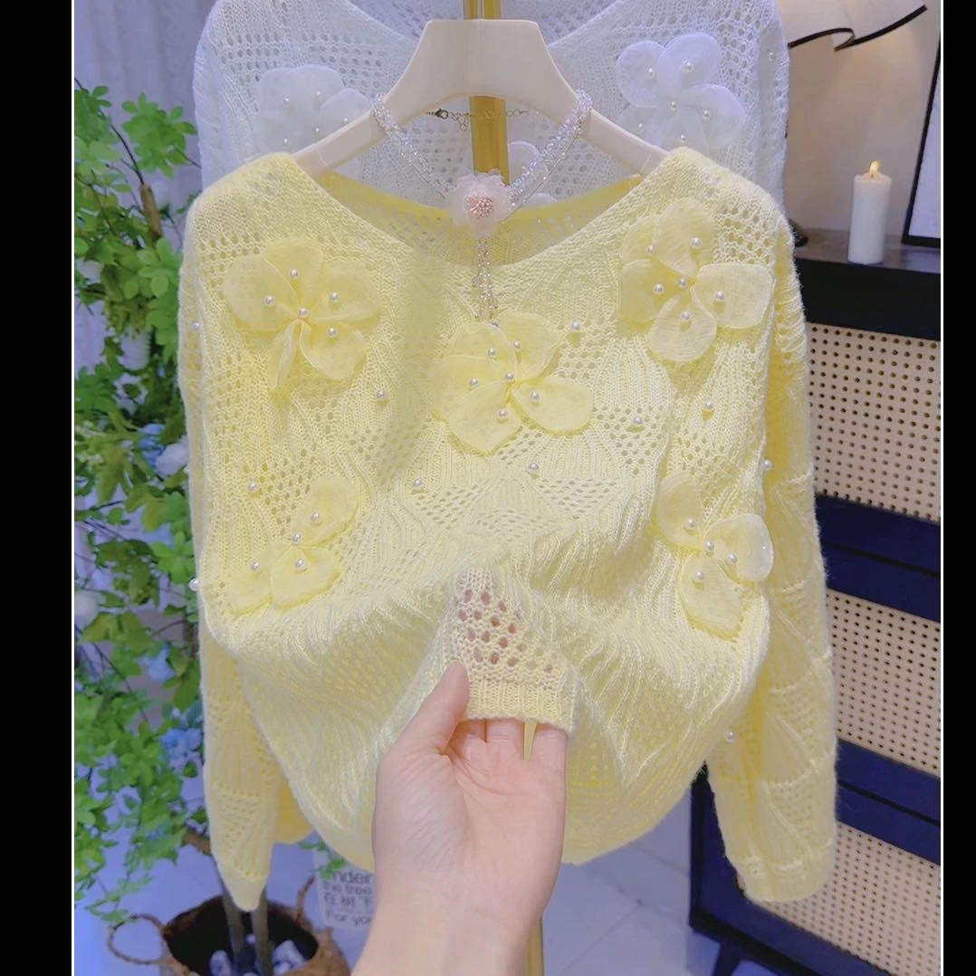 23009立体花朵钉珠镂空针织衫春夏新款百搭毛衣女温柔防晒罩衫