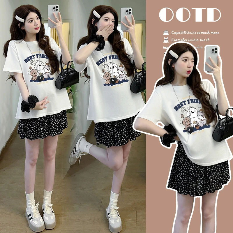2025夏季新款孕妇短袖印花T恤小狗图案宽松遮肚卡通上衣短裙套装