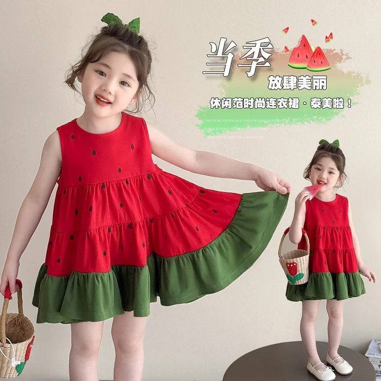 儿童水果女童无袖裙夏季连衣裙女童洋气时尚西瓜背心裙童装休闲