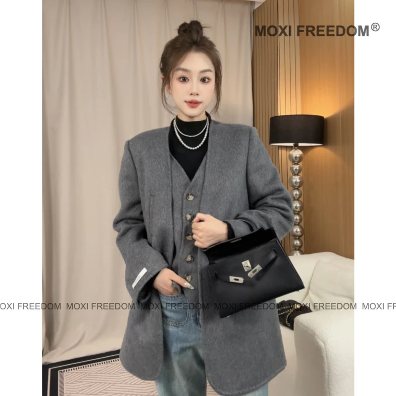 【睿智老钱】秋冬新款小个子马甲装短款双面羊呢大衣女外套