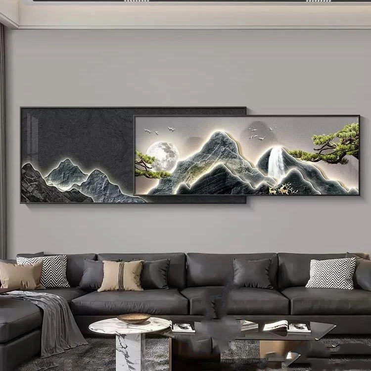 现代轻奢客厅装饰画山水画挂画大气流水生财沙发背景墙壁画靠山图