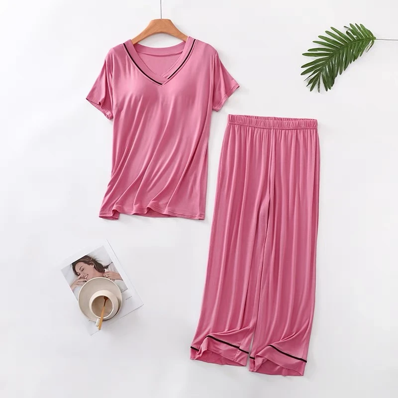 T2424家居服带胸垫一体【短袖+长裤】夏季空调房两件套家居服套装