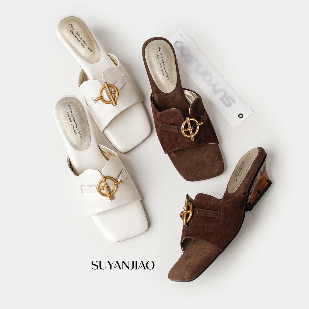 拖鞋女鞋外穿高级感洋气简约琥珀跟高跟凉鞋经典白棕配色金属扣
