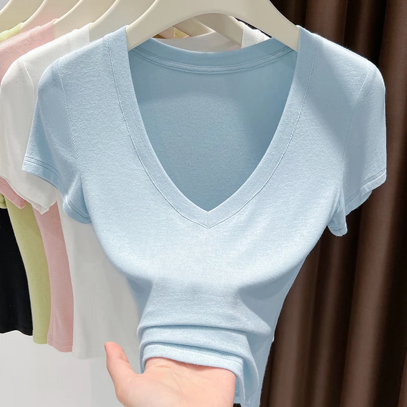 纯欲低V领短袖T恤打底衫女款爆款2025新款洋气内搭小个子修身上衣