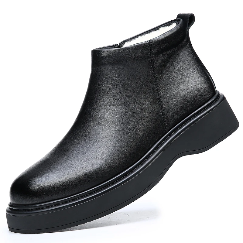 牛皮羊毛保暖棉鞋男士冬季真皮切尔西短靴子皮毛一体商务休闲皮鞋