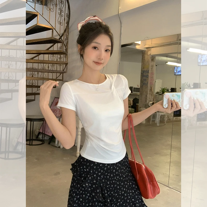 螺纹街头风通勤短款短袖镂空T恤设计感欧若精灵风