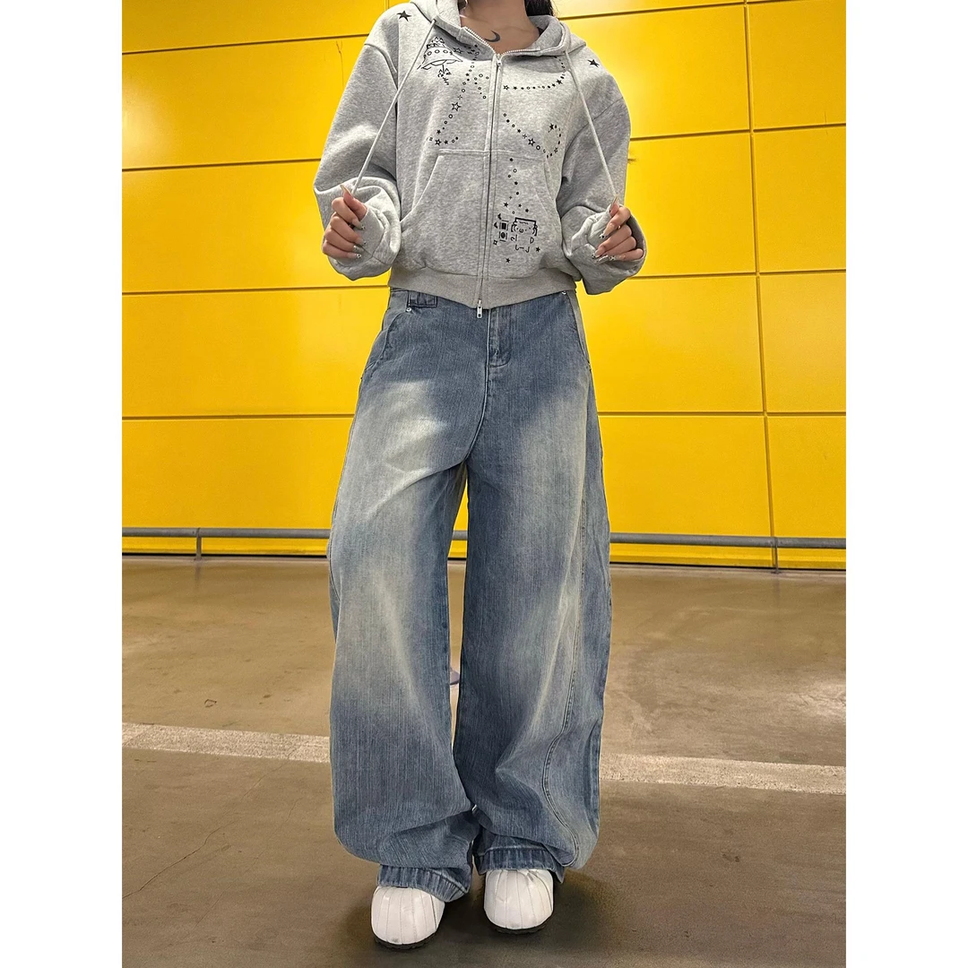 Musini美式复古小众设计弯刀牛仔裤男女宽松阔腿香蕉镰刀长裤百搭