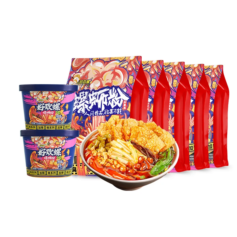 【好欢螺】柳州螺蛳粉宠粉组合装加辣400g*5袋+冲泡桶258g*2桶