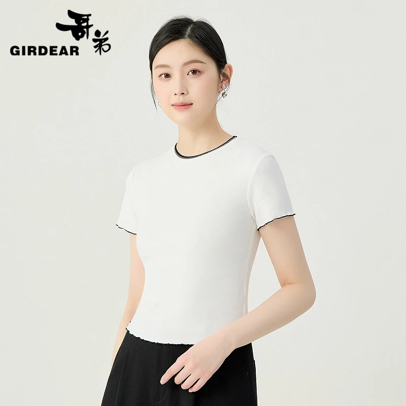 GIRDEAR/哥弟新款简约撞色边设计圆领修身显瘦百搭短袖T恤130026