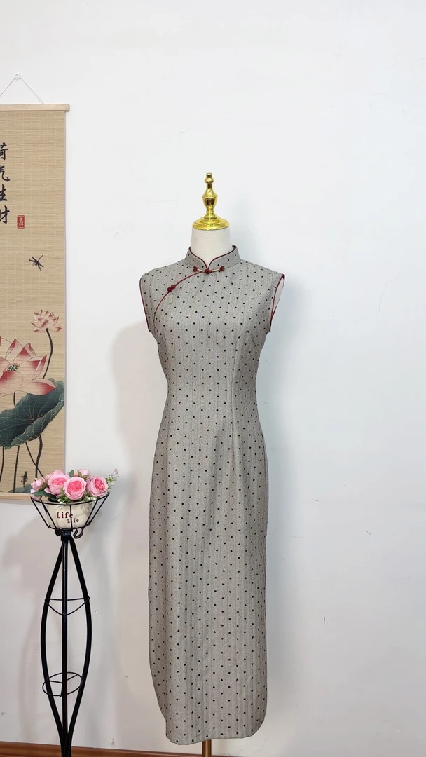 【无尽夏·浅咖】2025年新款印花无袖长款优雅修身旗袍复古连衣裙