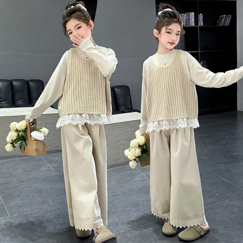女童韩系针织马甲套装2025春秋新款中大儿童6-12岁15岁宽松春装潮