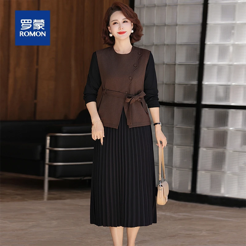 罗蒙妈妈秋装连衣裙端庄大气套装洋气中老年女装春秋马甲外套上衣