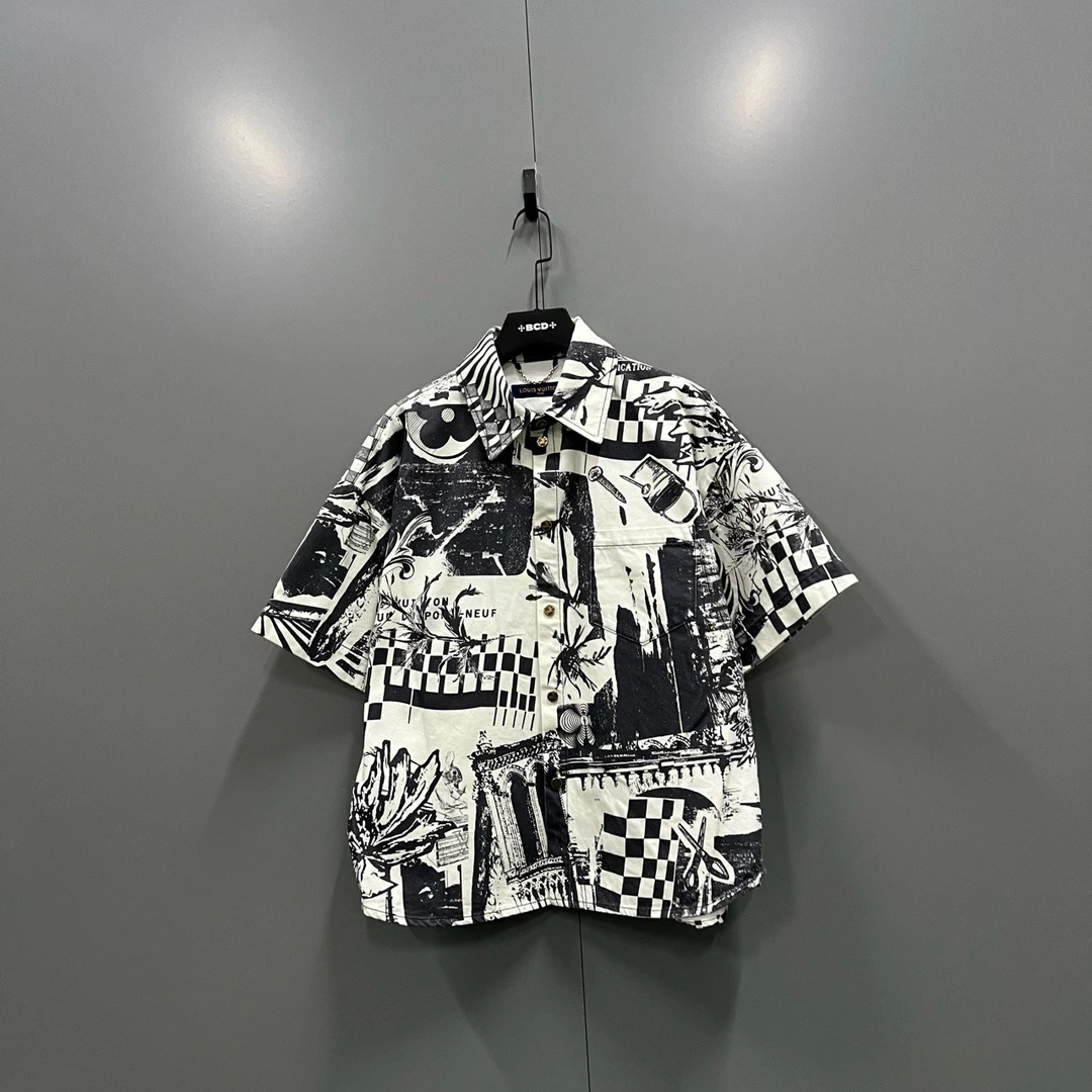 95新 LouisVuitton/路易威登 lv 图案印花牛仔短袖衬衫 瑕疵如图