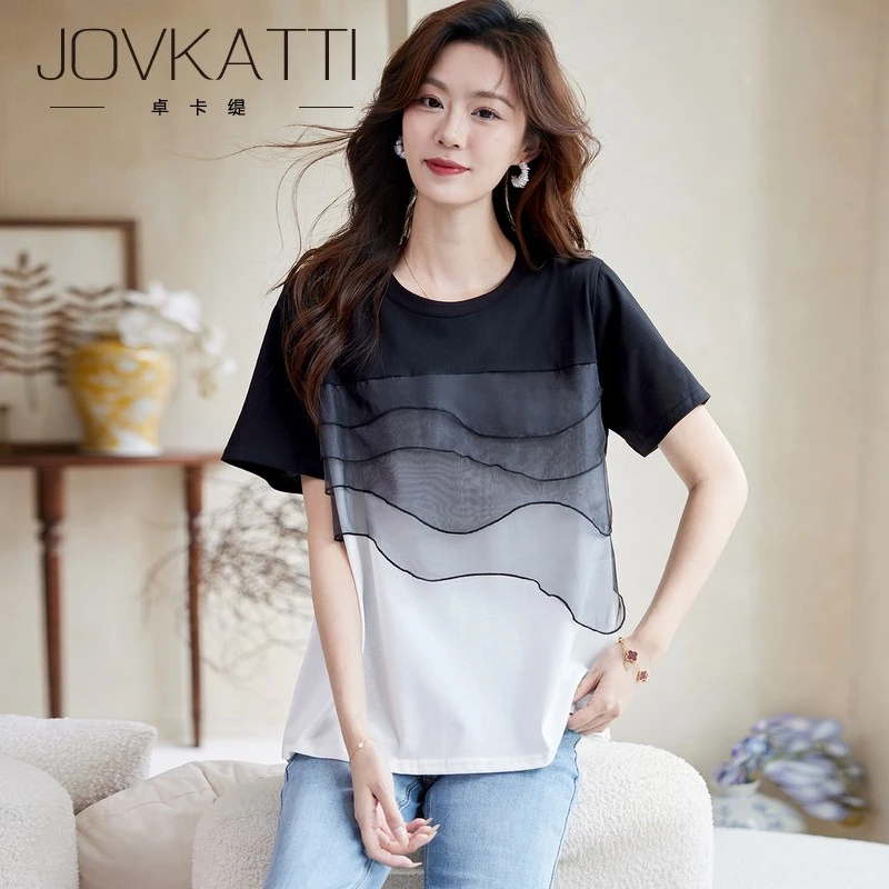 圆领网纱拼接短袖T恤2025夏季洋气设计感休闲百搭上衣女装t恤