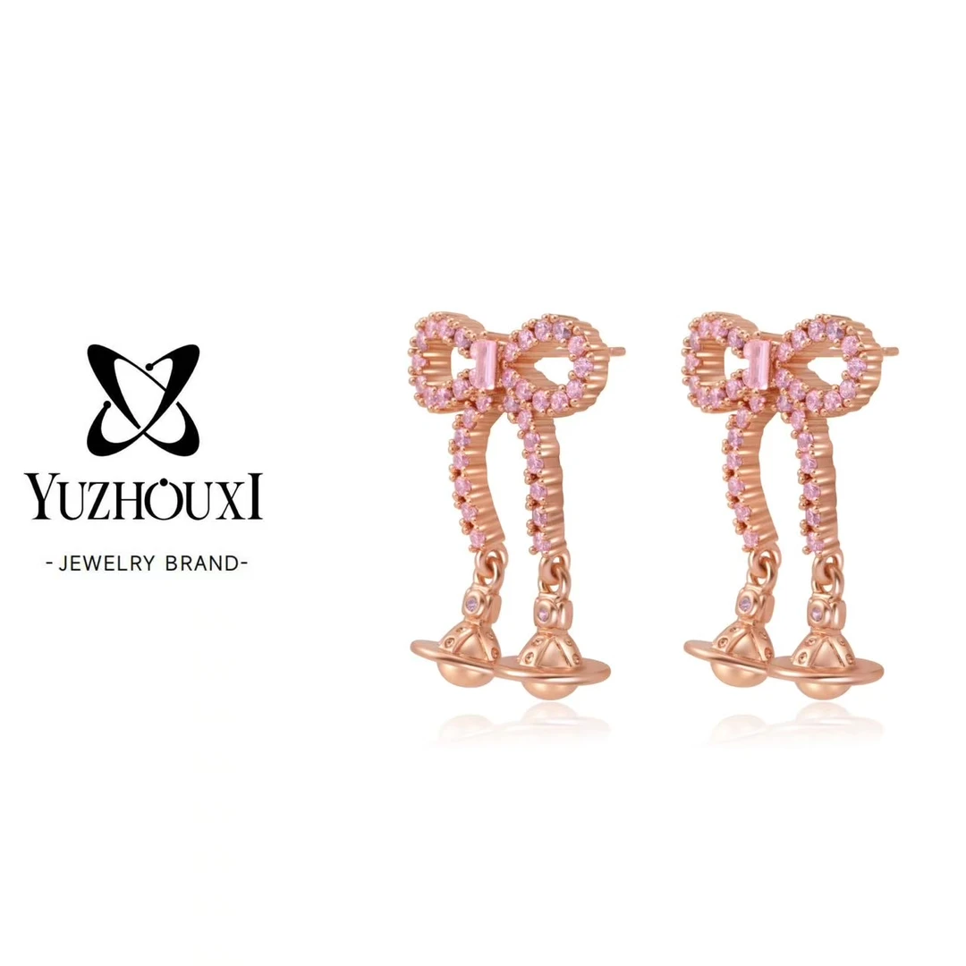铜合金锆石耳饰 T3-004【蝴蝶结粉锆坠银色星球orb耳钉】粉金色