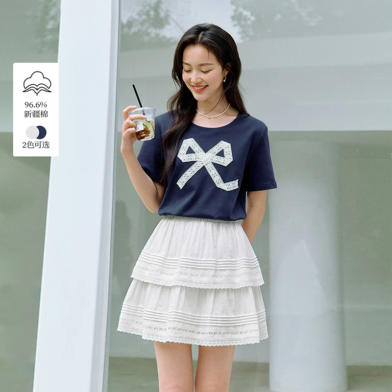 【一秒入夏】茵曼夏季蕾丝刺绣蝴蝶结T恤女百搭显瘦圆领短袖上衣