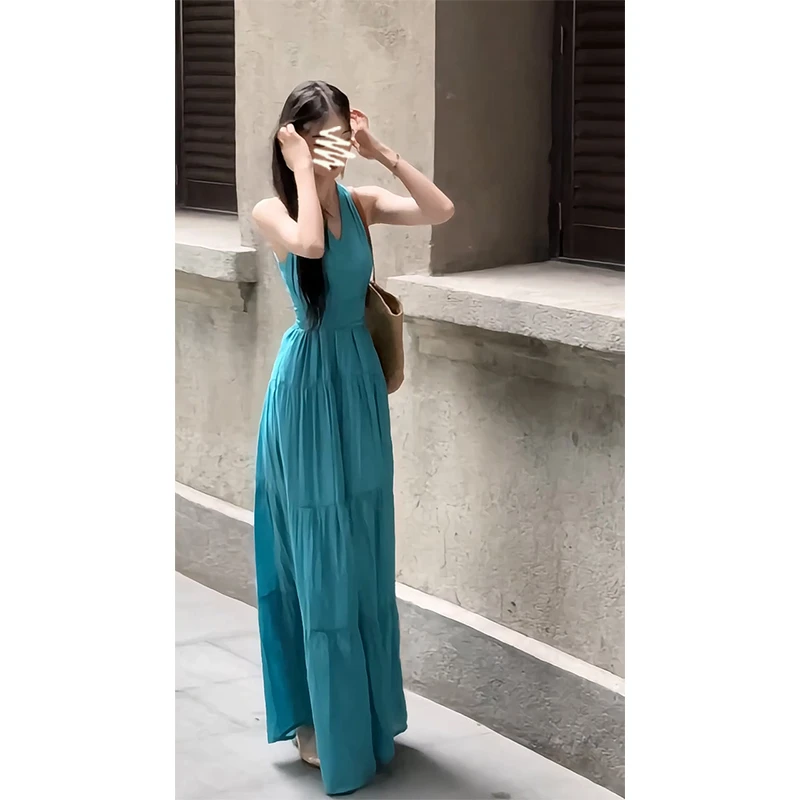 挂脖连衣裙2025夏季新款法式气质V领无袖收腰显瘦中长款开叉裙子