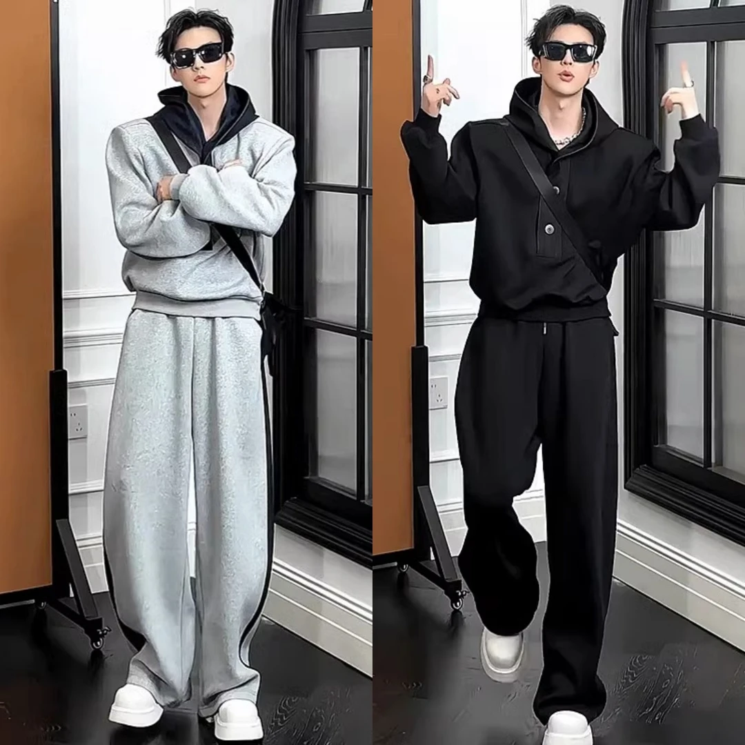 2025春季新款高档休闲运动套装男士百搭宽松设计感卫衣卫裤两件套