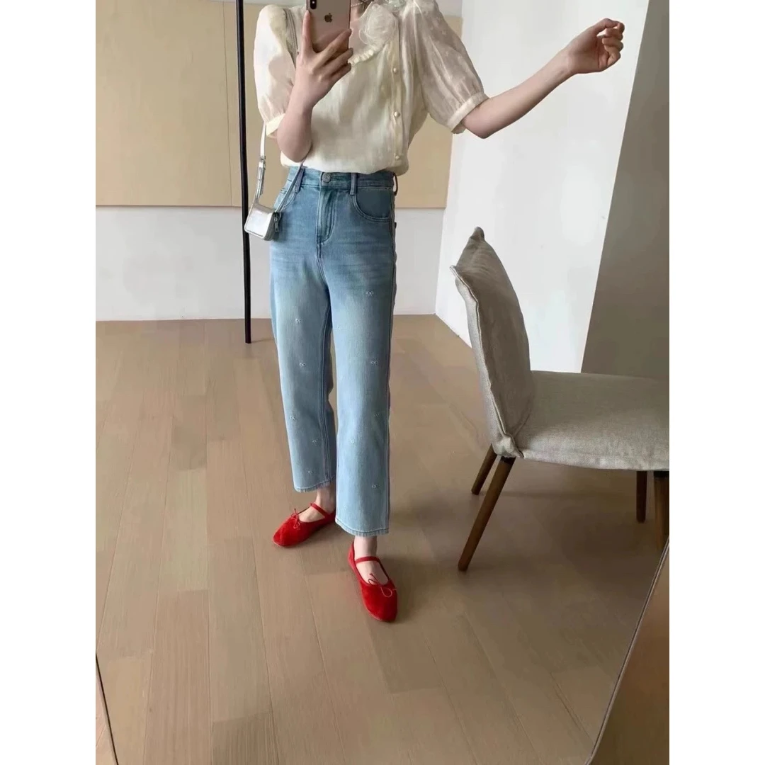 A2452#浅色蝴蝶结刺绣牛仔裤女薄款夏季小个子窄版直筒阔腿裤