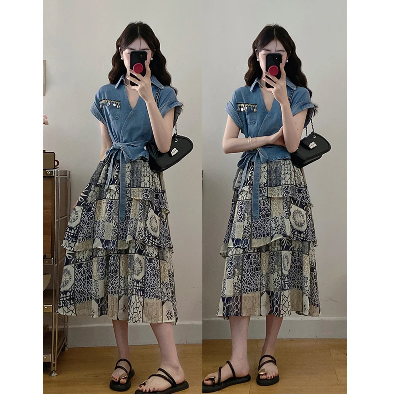 大码夏季新款法式牛仔拼接印花半身裙假两件显瘦高腰气质小众长裙