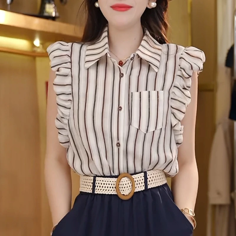 2025年夏季新款条纹小飞袖衬衫女生时尚百搭设计感显瘦百搭上衣潮