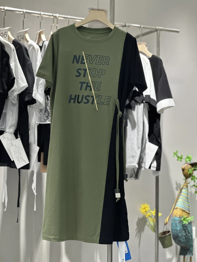 字母A字裙短袖长裙夏季连衣裙拼色中长款圆领显瘦女装