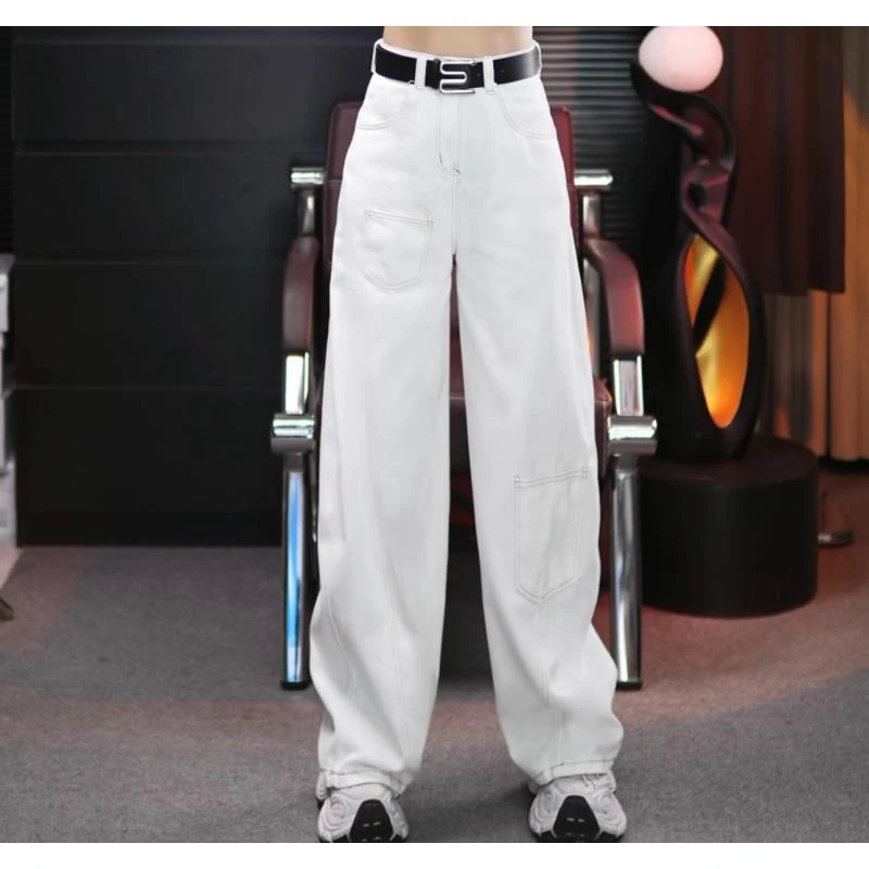 美式高街白色设计感弯刀牛仔裤女春夏新款宽松显瘦高腰阔腿拖地裤