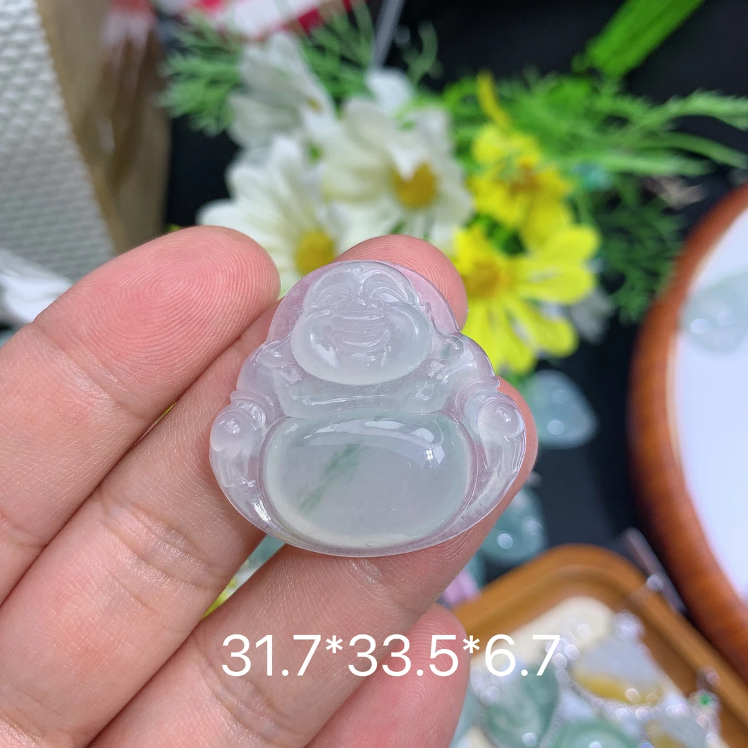 天然缅甸翡翠A货冰种飘花佛公刘吊坠种老水足气质百搭精雕精美百