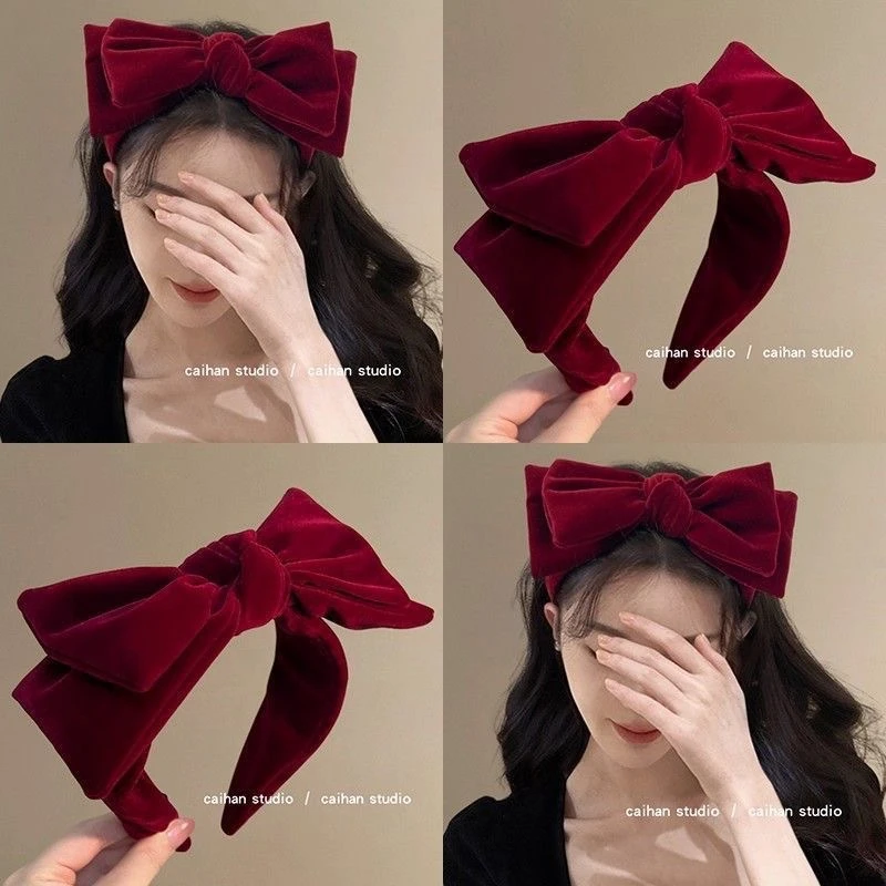 新款红色丝绒大蝴蝶结发箍高颅顶百搭明星同款发饰秋冬气质头饰