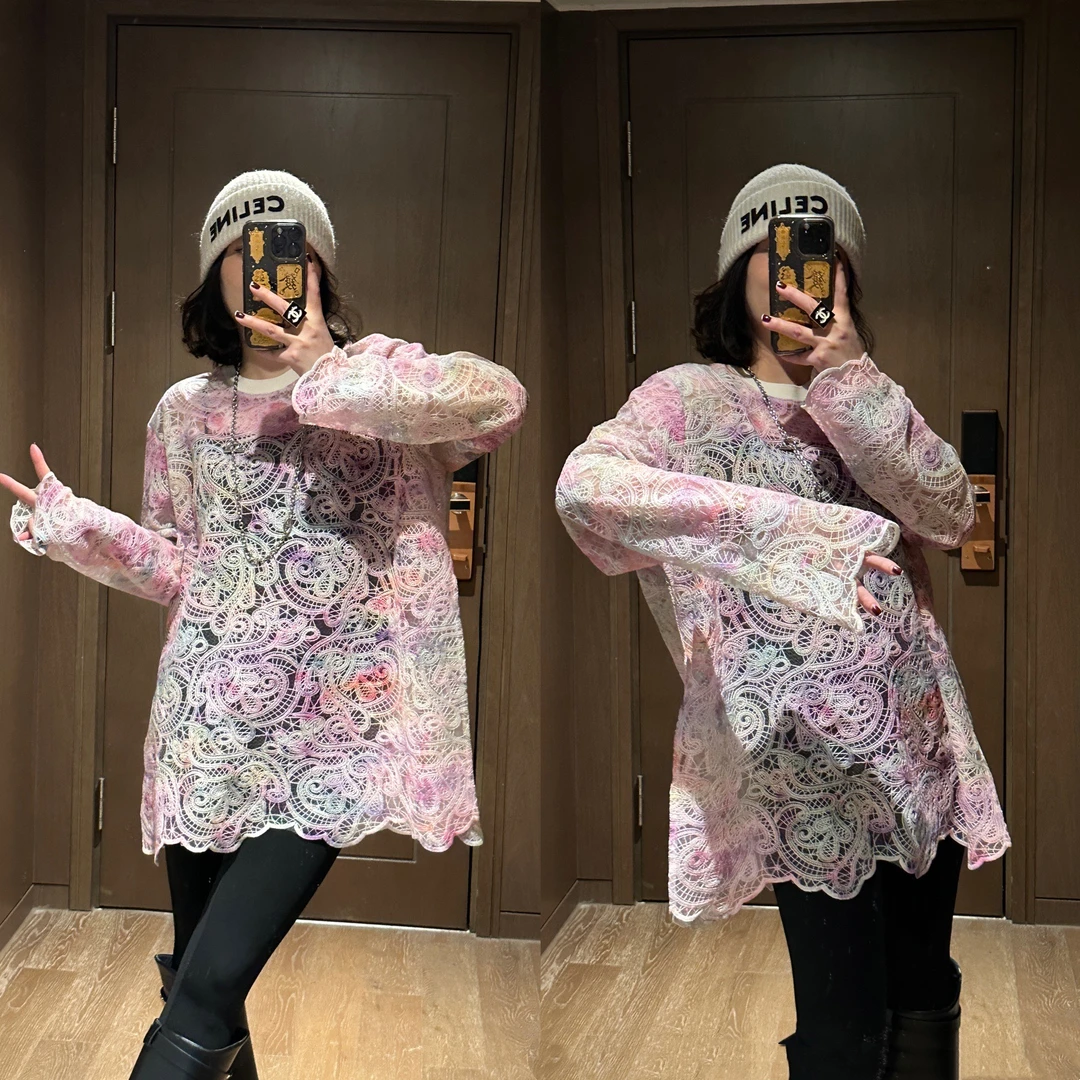 YDFSTUDIO小众【幻彩蕾丝】早春扎染设计时尚百搭宽松显瘦蕾丝衫