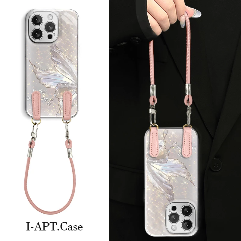 闪钻半只蝴蝶水凝玻璃壳适用iPhone苹果16手机壳华为oppo小米vivo