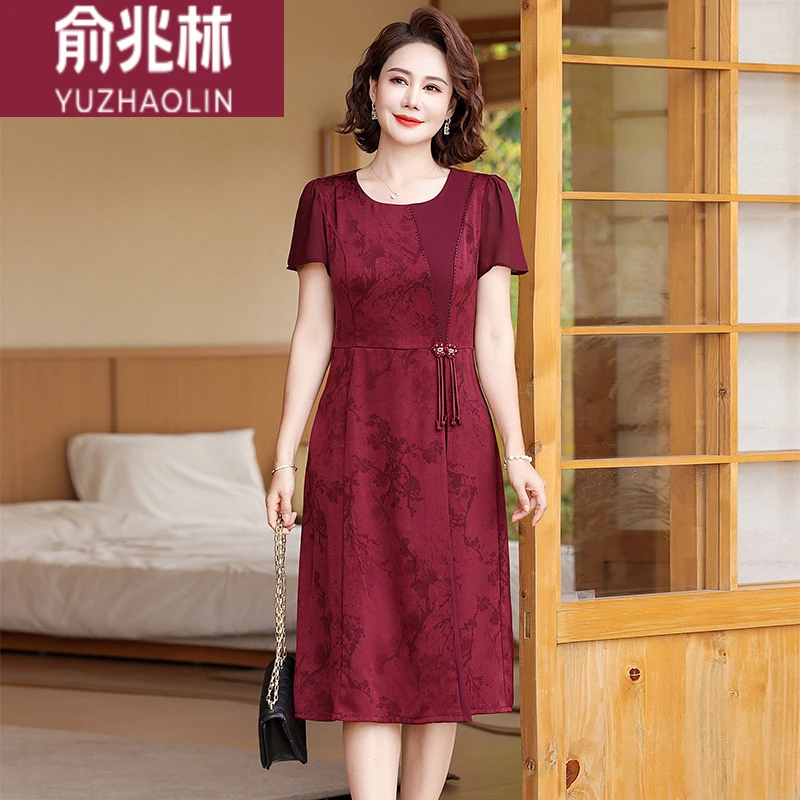 俞兆林中老年女时尚优雅连衣裙妈妈装新款时尚夏装喜婆婆装过膝长