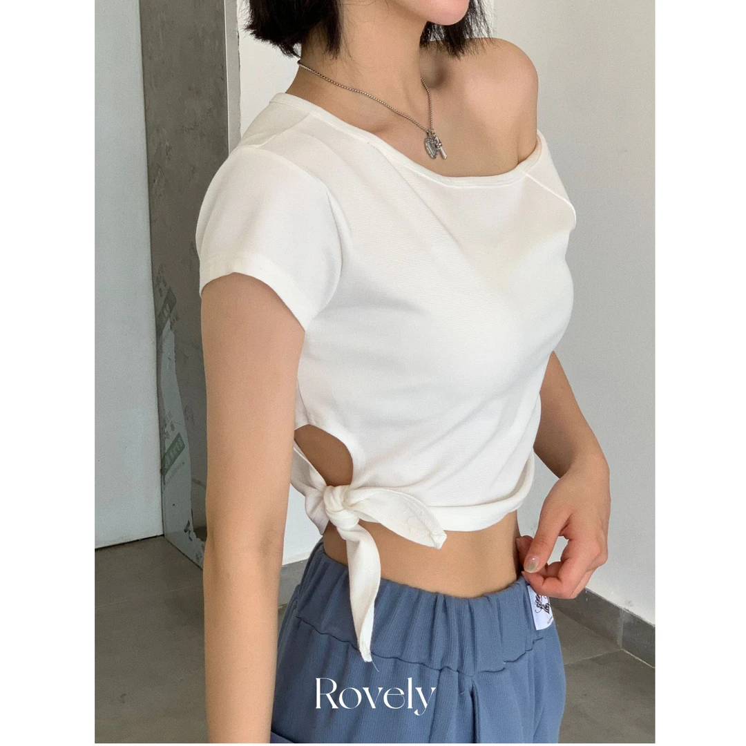 福利款No退换【有点百搭】Polo料子纯色斜肩绑带斜肩短袖