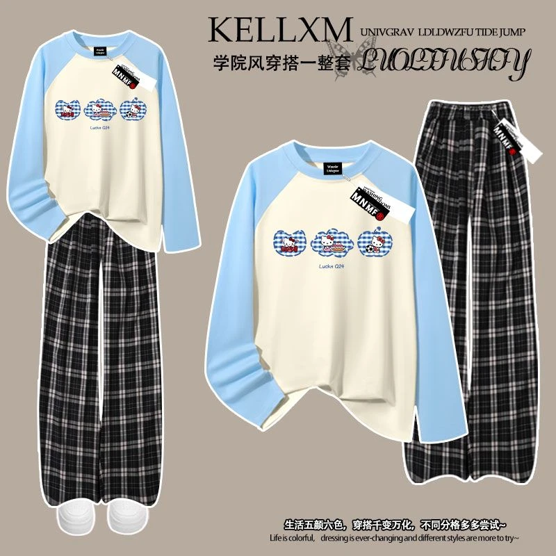 新款女童早秋套装洋气趣味格子Kitty印花纯棉插肩长袖T恤格子长裤