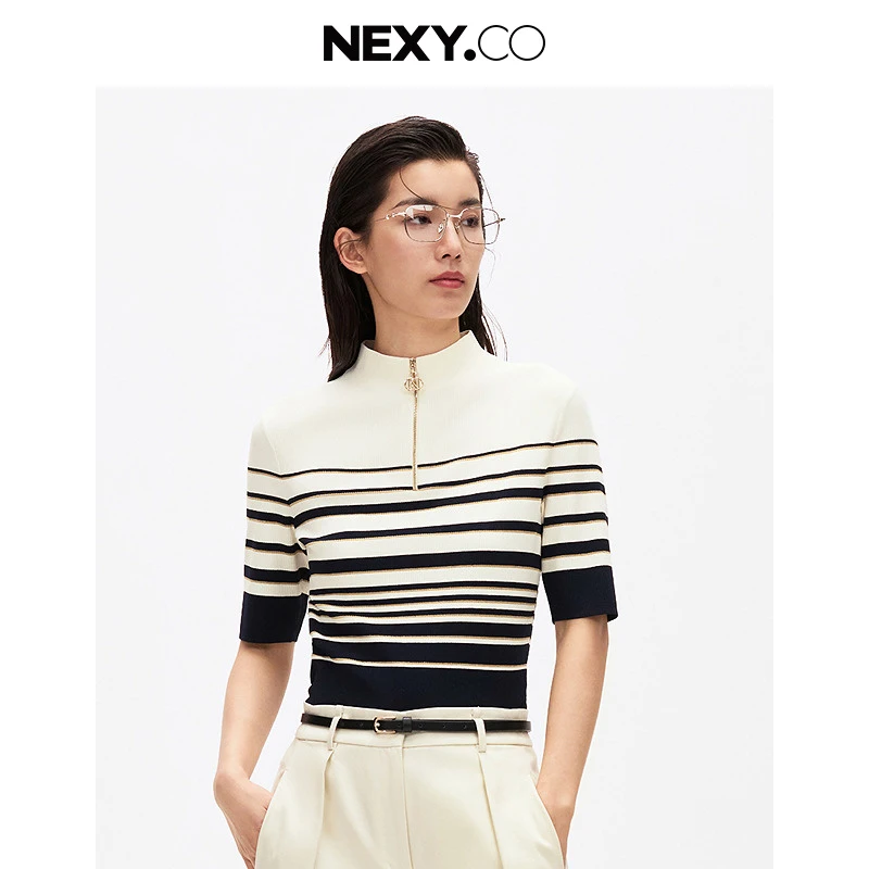 NEXY.CO/奈蔻时尚休闲条纹夏季修身黑白半高领针织毛衫XZ02907P7