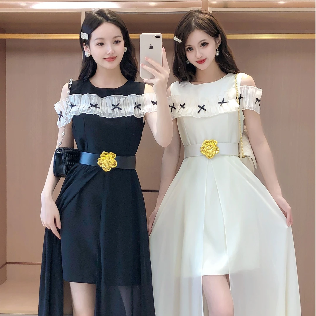 艾日秀法式甜美减龄木耳边蝴蝶结露肩一字肩气质连衣裙 F0546