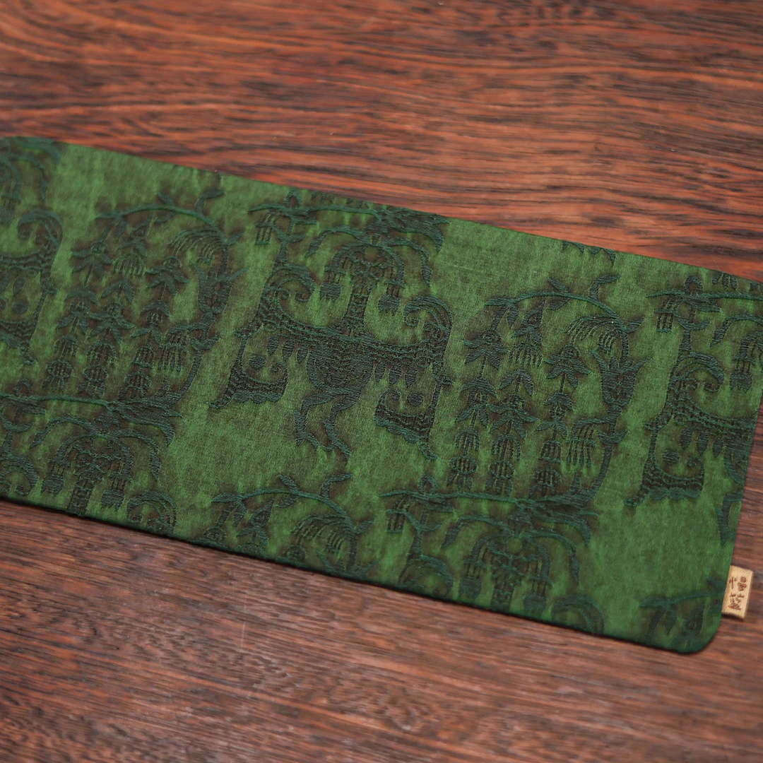 【斋居】绿色双面茶席/反面蝶影花鸟28*13茶道配件（慢蓝S1779）