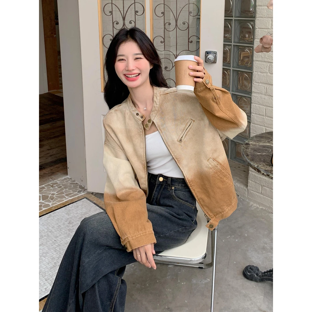 VOCKOO官方渐变咖色做旧牛仔短外套2025新款女春秋设计感小香风工