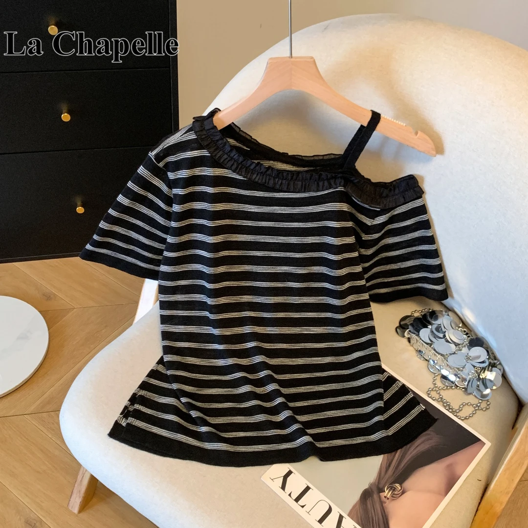 拉夏贝尔露肩上衣短款木耳边针织短袖t恤不规则条纹显瘦小衫女夏