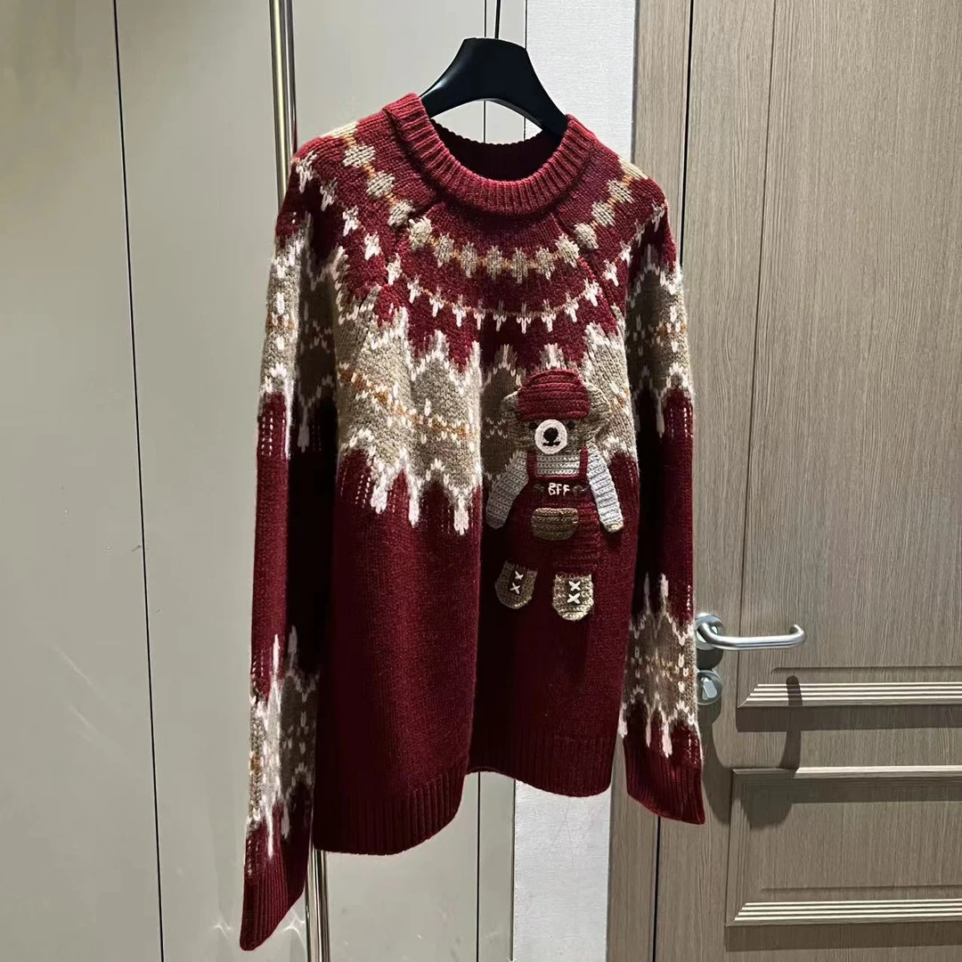 【大L】2店重磅外贸进口高奢重工设计师风小熊提花刺绣针织衫251192