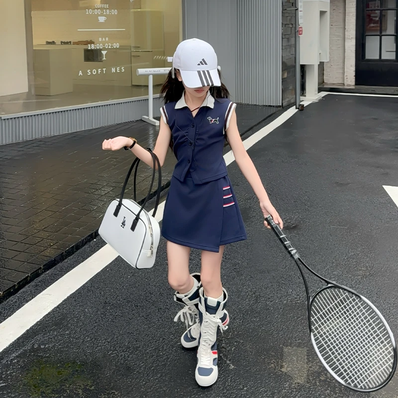女童裙裤夏季薄款套装2025新款女大童韩系学院风短裙儿童POLO背心