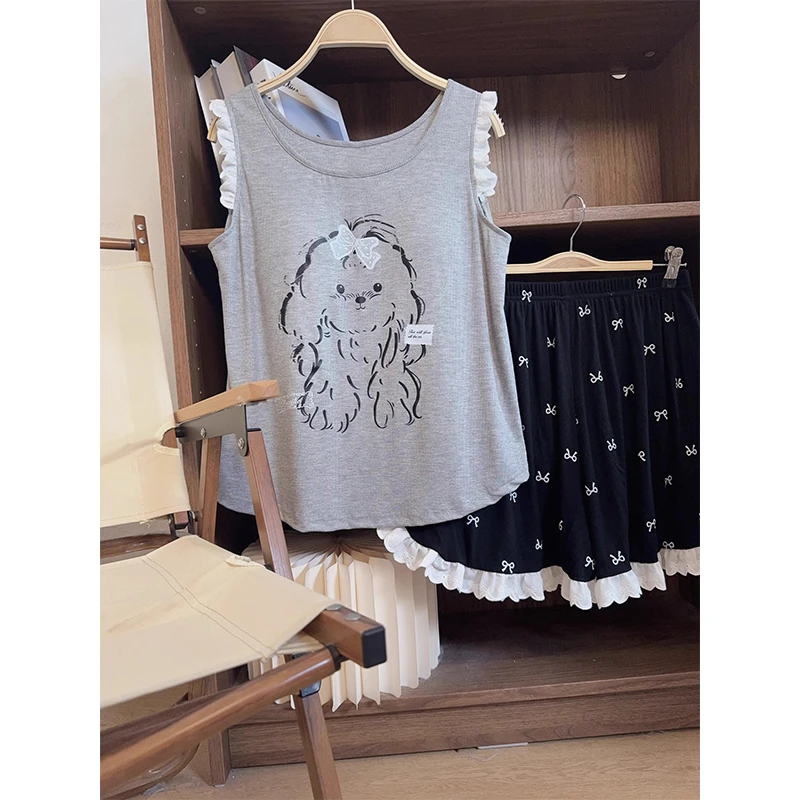 背心无袖短裤睡衣女夏季2025新款带胸垫时尚休闲蕾丝边凉感型套装