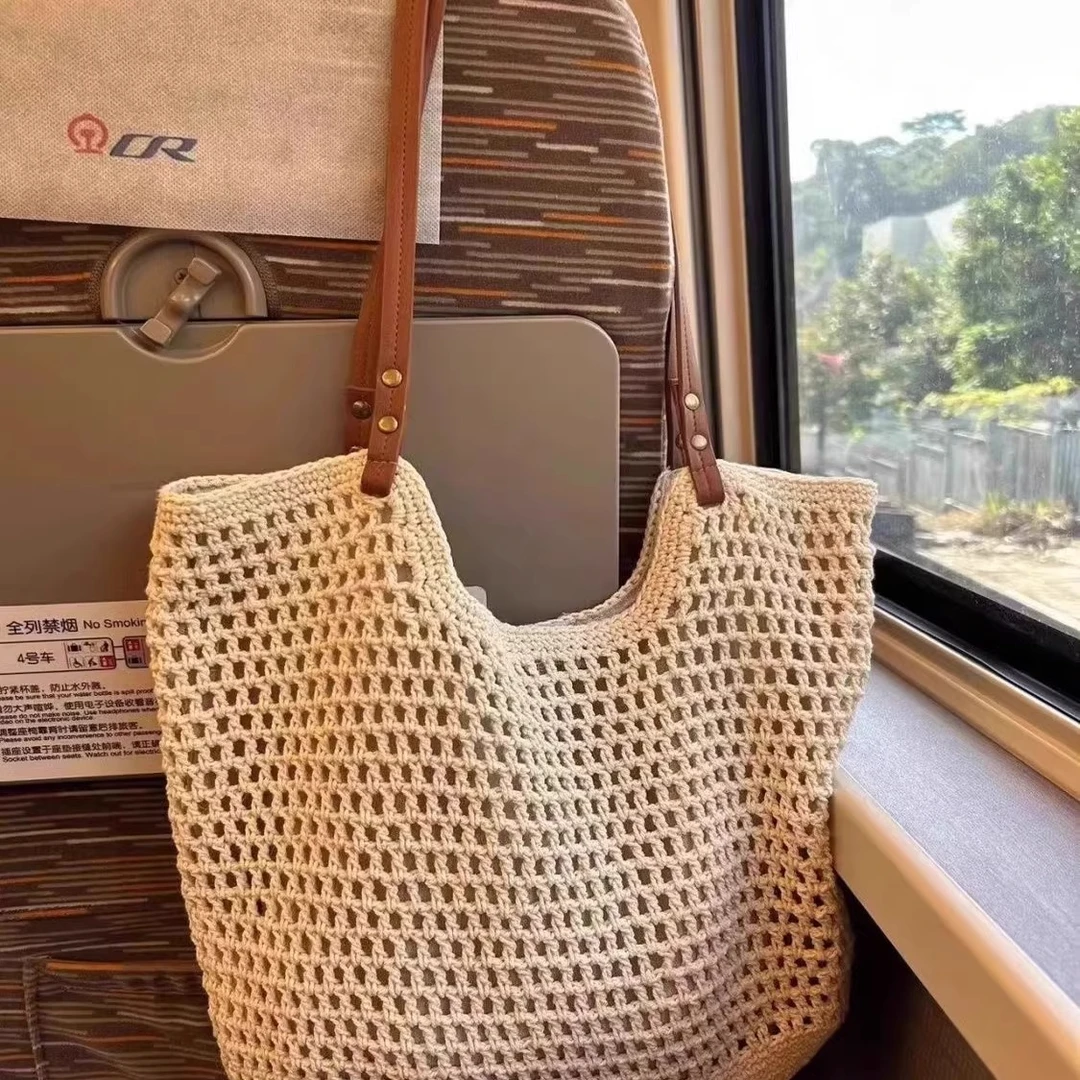 休闲大容量托特包慵懒风单肩包沙滩包编织镂空网兜柔软轻便女包包