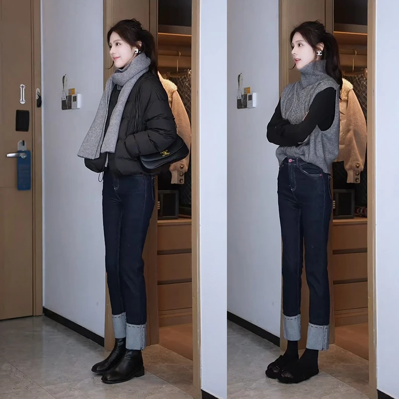 秋冬搭配一整套今年流行套装百搭棉服外套休闲牛仔裤套装